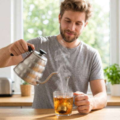 homme verse eau bouilloire dans verre avec infuseur a the