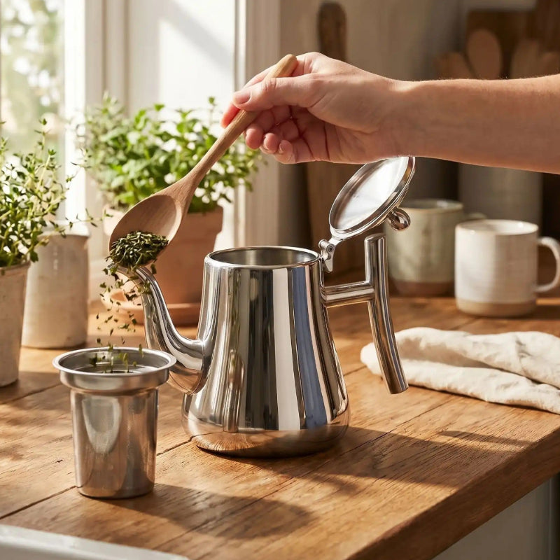 main versant feuilles infuseur de theiere inox