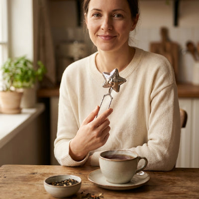 Femme tenant un Infuseur the et verre sur la table