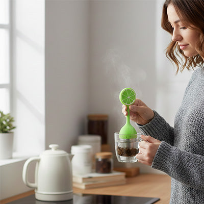Femme tenant verre et infuseur a the poigee forme citron