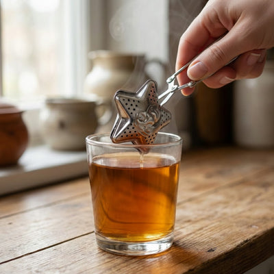 Infuseur the qui egoutte dessus un verre transparent