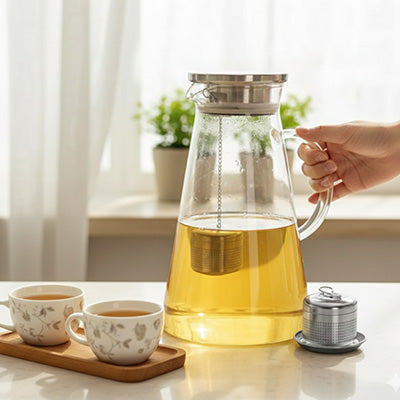 Personne tenant theiere a cote infuseur the et deux verre