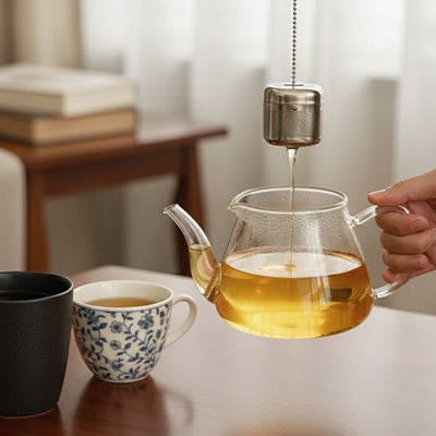 Personne tenant theiere avec infuseur the a cote un verre