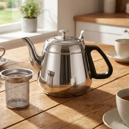 THEIERE ET INFUSEUR SUR UNE TABLE DE CUISINE