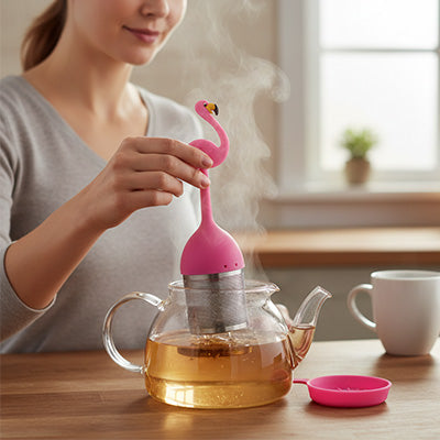 Une femme tenant infuseur a the dans                                                                                                                            une theiere