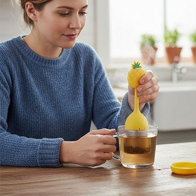  Une femme tenant  infuseur a- the dans tasse a the   
