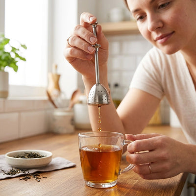 femme egoutte infuseur a the dessus un verre de the