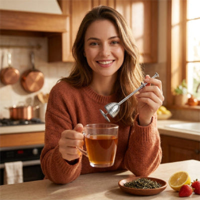 femme tenant infuseur a the dessus un verre de  the