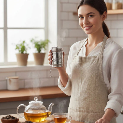 femme tenant un infuseur a the