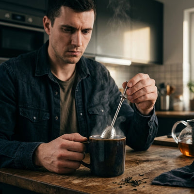 homme tenant infuseur a the dans un verre de the