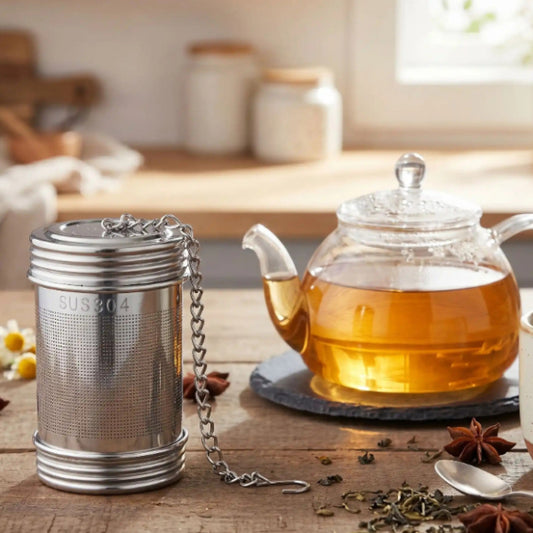 INFUSEUR A THE ET THÉIÈRE SUR UNE TABLE
