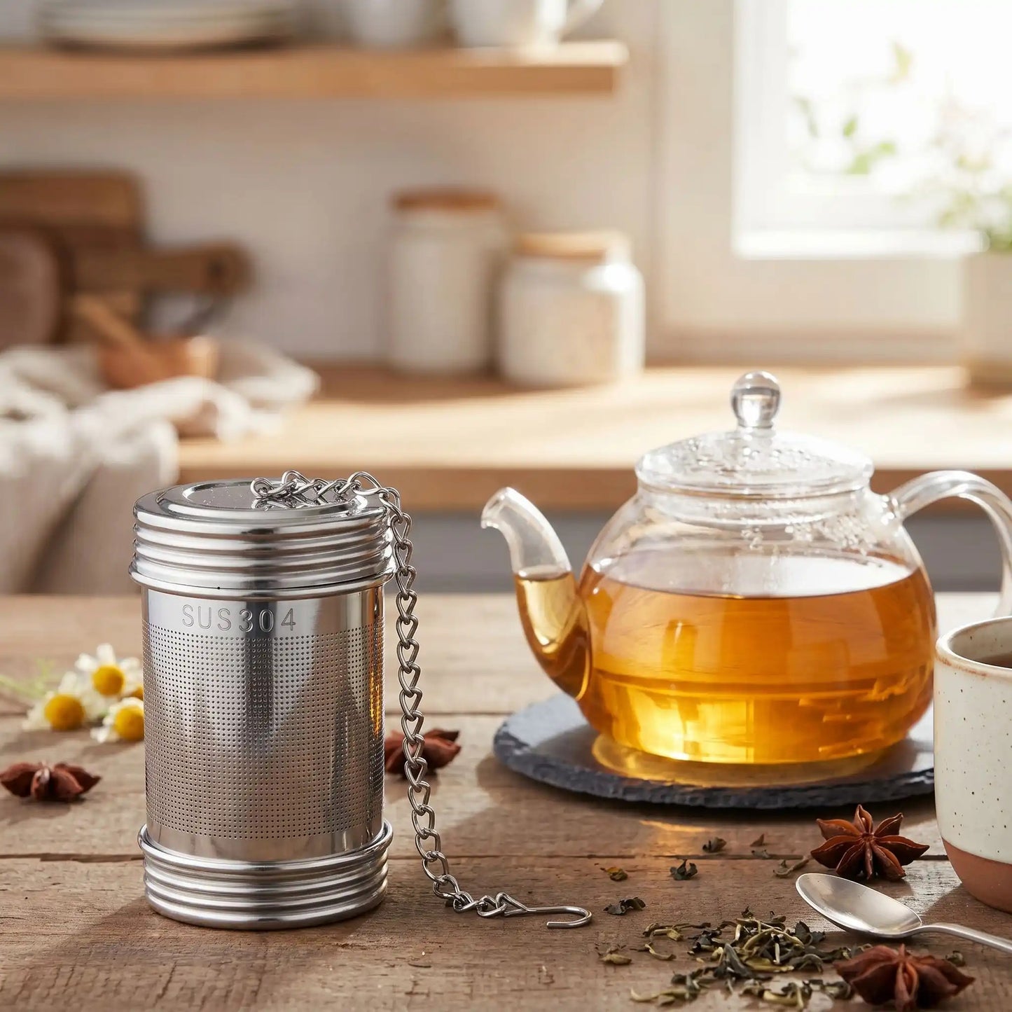 infuseur a the theiere epices sur une table