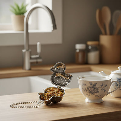 infuseur the forme canard et verre sur comptoir