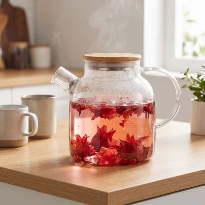 infusion fleurs hibiscus dans théière en verre