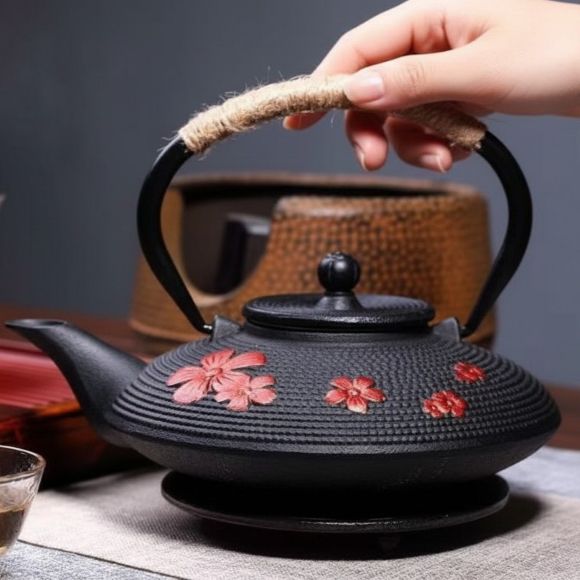 main pose sur une théière en fonte japonaise
