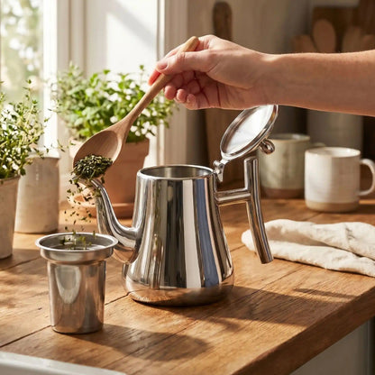 main versant feuilles infuseur de theiere inox