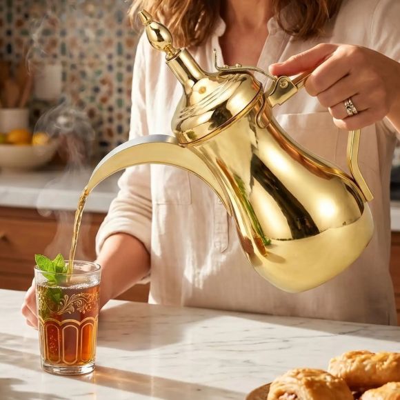 main versant thé avec une théière marocaine