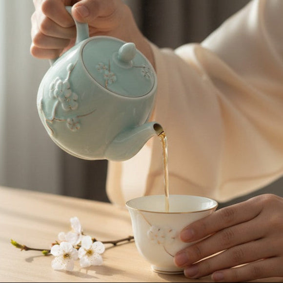 Service avec théière porcelaine bleue