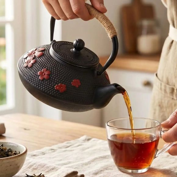 Thé versé avec une théière en fonte japonaise