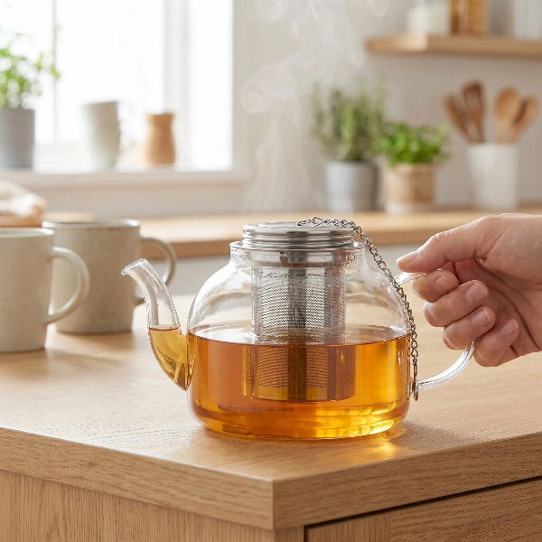 theiere avec infuseur a the sur une table
