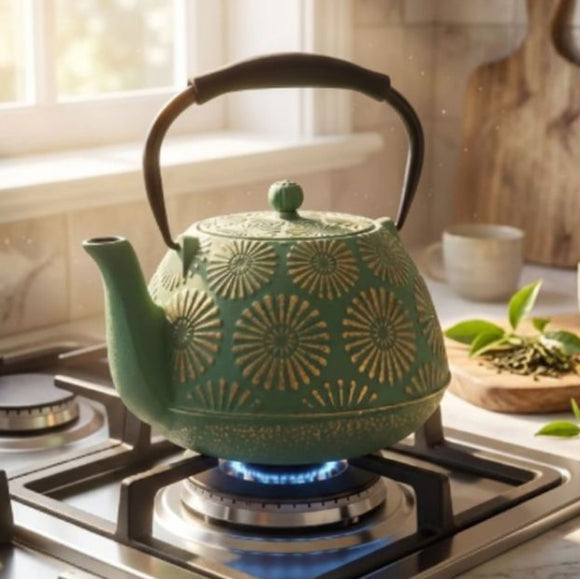 Théière en fonte verte sur le feu