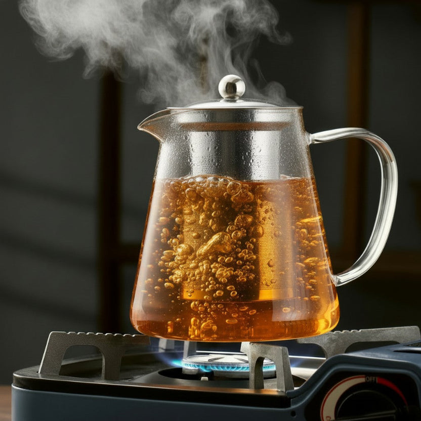 théière en verre sur le feu a gaz