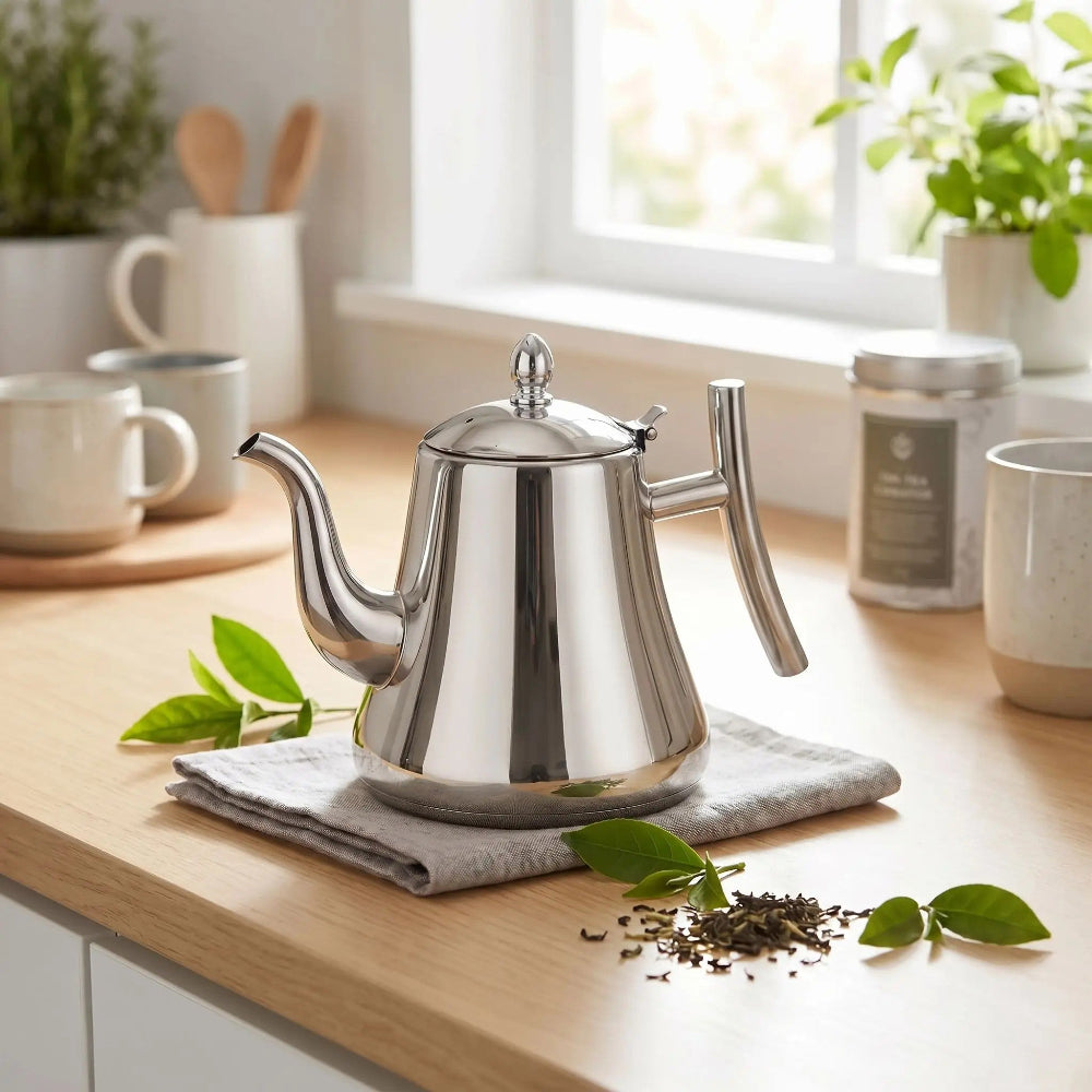theiere inox avec feuille the sur un comptoir