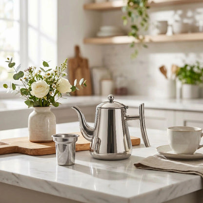 theiere inox et passoir avec feuille the sur un comptoir