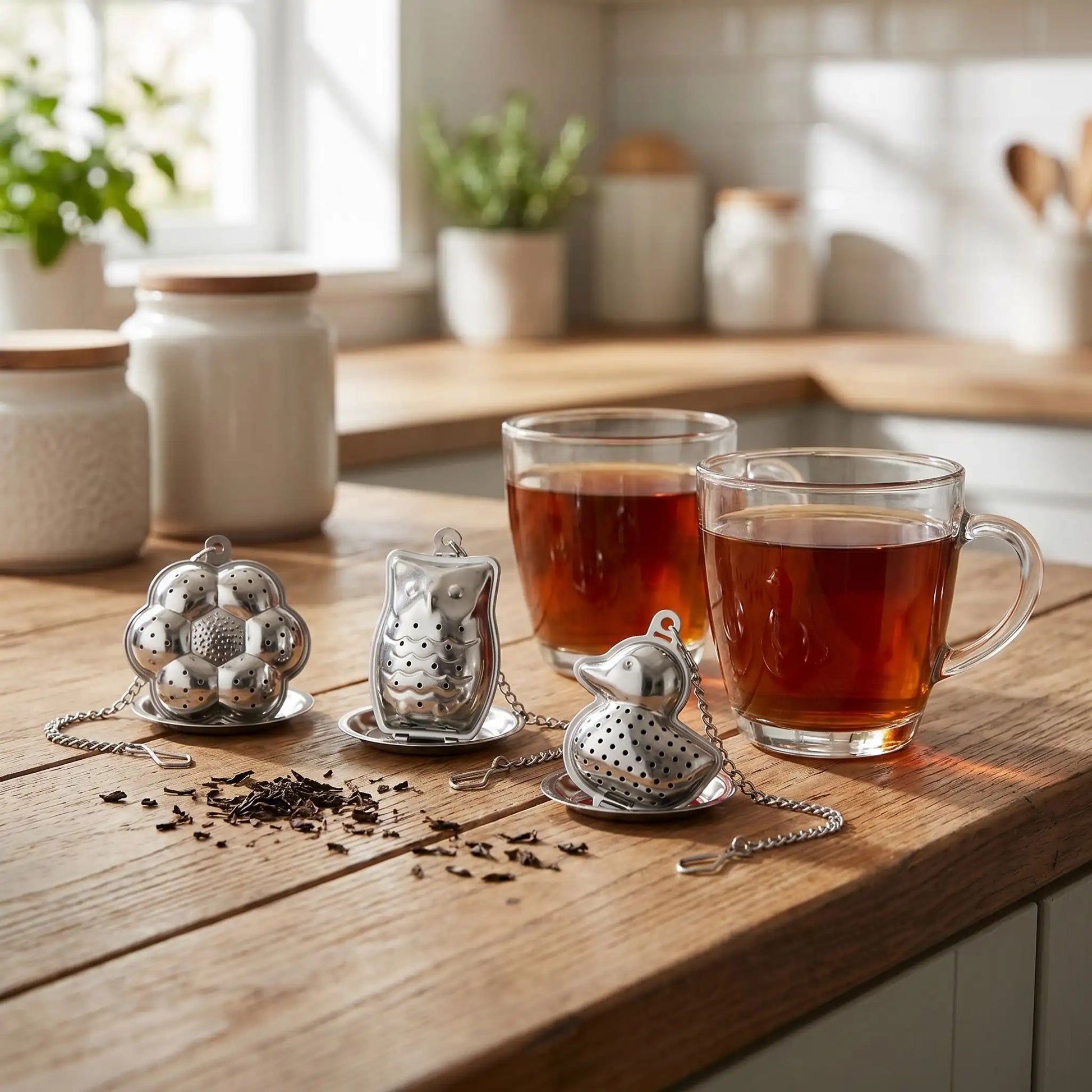 trois infuseurs the deux verres the sur comptoir